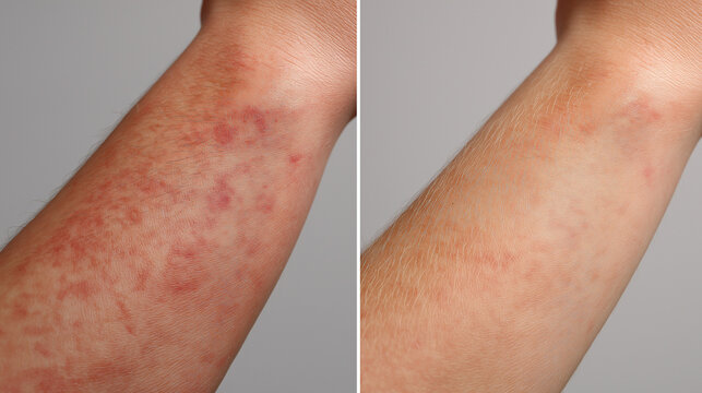 A split image showcasing an arm afflicted with a red, scaly rash on the left, contrasting with the clear, healed skin presented on the right.