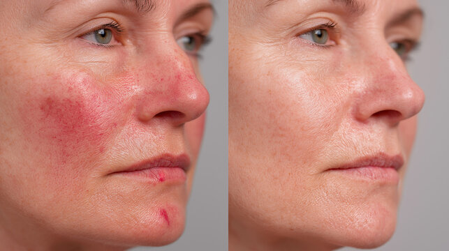 A split-screen image illustrates the remarkable difference in a woman's facial skin before and after treatment, reducing prominent redness and visible skin concerns.