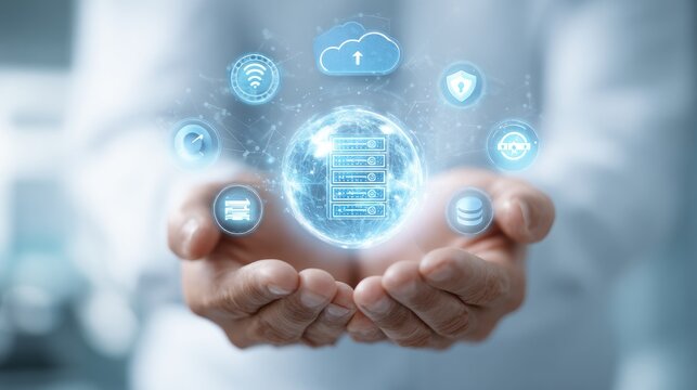 Hands hold glowing digital globe of data, cloud, and security icons