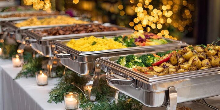 An elegant buffet spread with steaming chafing dishes and festive lights