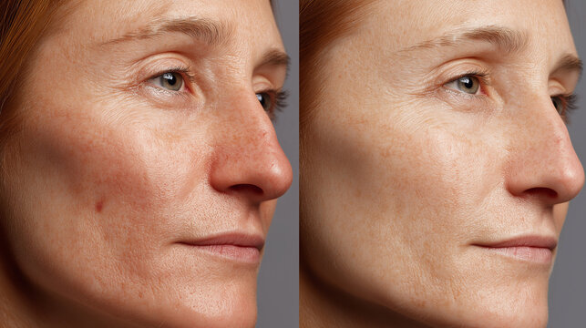 A split-screen comparison highlights the reduction of redness and improvement in skin texture on a woman's face after a course of effective dermatological treatment.