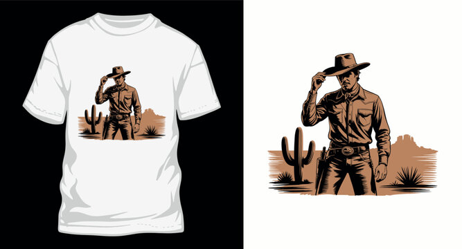 Cowboy tipping hat in desert t shirt design vintage style.