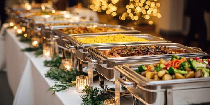 Elegant buffet with multiple chafing dishes filled with food