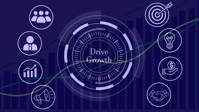 Drive growth business concept animation with various icons and futuristic hud elements on a modern blue background with animated financial graphs