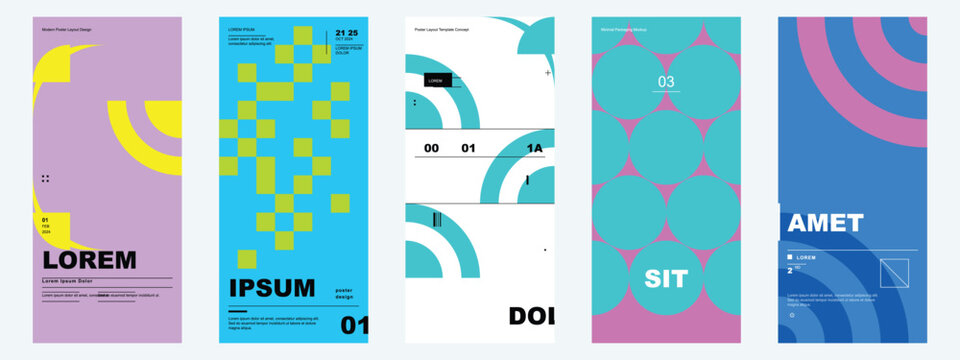 Set of minimalist vertical banner templates with geometric patterns and bright colors using circles squares and curves for modern branding identity.