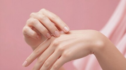 Fototapeta premium Female Hands with Natural Manicure on Pink Background