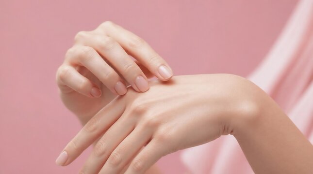 Female Hands with Natural Manicure on Pink Background