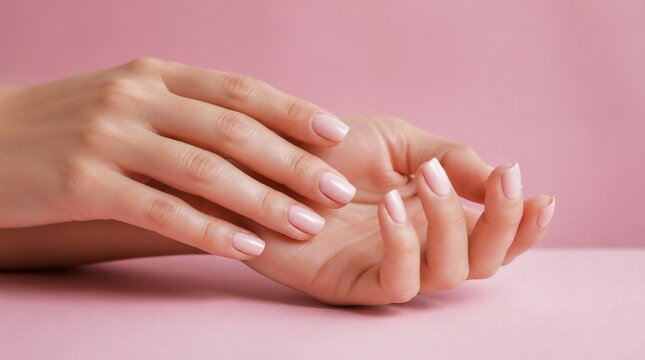 Elegant female hands with soft pink manicure on pink background