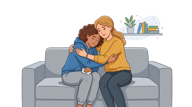 A compassionate woman offers comfort and support to her crying friend while sitting together on a cozy couch in a well-lit room.