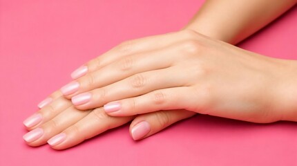 Naklejka premium Beautiful Female Hands with Pink Manicure on Pink Background