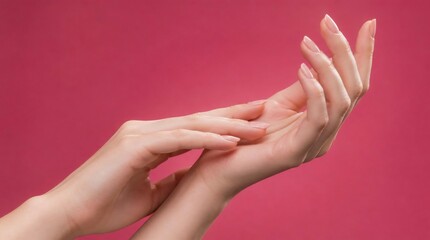 Fototapeta premium Elegant Female Hands with Natural Manicure on Pink Background