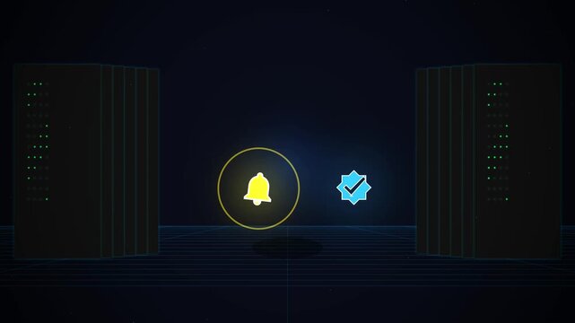 3D animation of data center server racks with a glowing notification bell and verified badge icon on a dark background