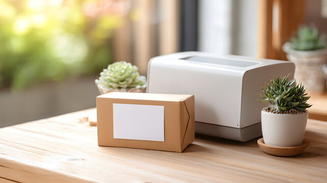 Small business e-commerce shipping station with blank package mockup and label printer