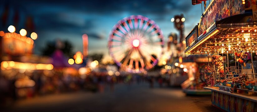 Vibrant amusement park at night with Ferris wheel and illuminated rides.