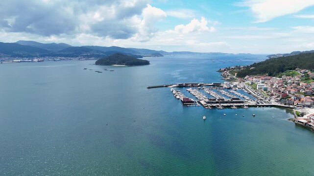 Aerial view of combarro fishing village and marina in spain