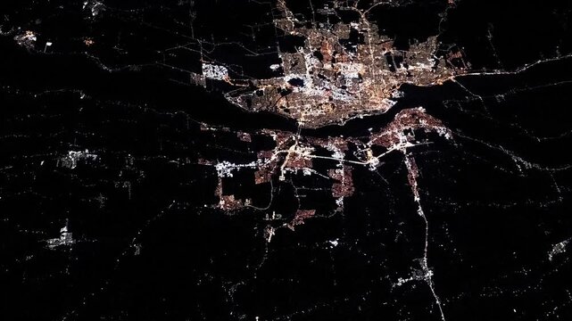 Flying over Quebec City lights at night satellite view from space based on Nasa imagery