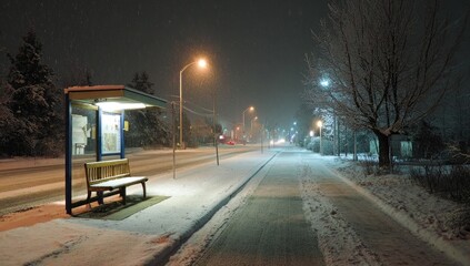 Obraz premium Snowy Bus Stop at Night with Streetlights and Trees.