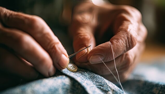 Close-up of elderly hands sewing a button onto fabric with a needle and thread.