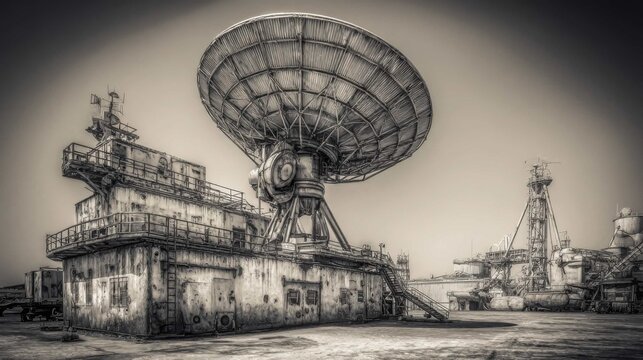 A large, weathered satellite dish antenna mounted on a decaying industrial structure, its parabolic dish angled towards the sky.