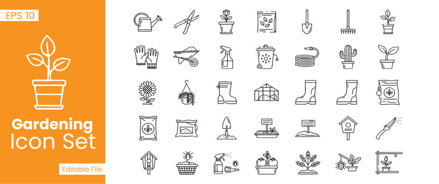 Gardening Tools and Backyard Plant Care Line Icon Set