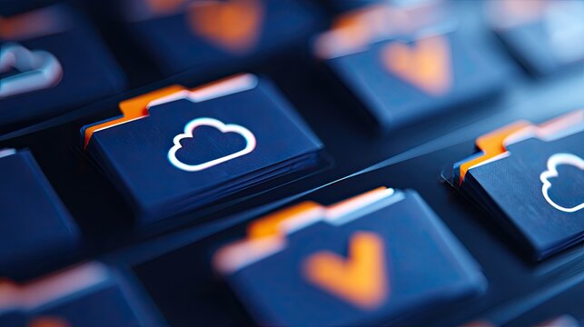 Close-up abstract of digital folders with cloud and heart icons on a dark surface