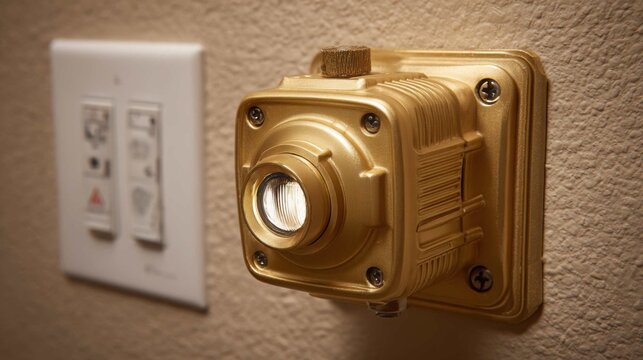Golden signal booster device with textured metallic casing attached to a wall