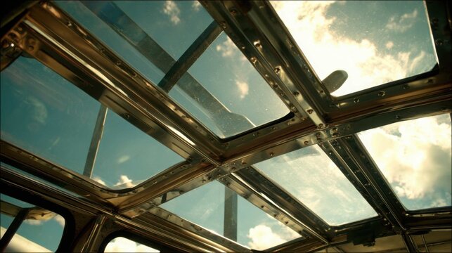 Inside an vintage aeroplane cockpit canopy, viewing the sky and clouds during flight