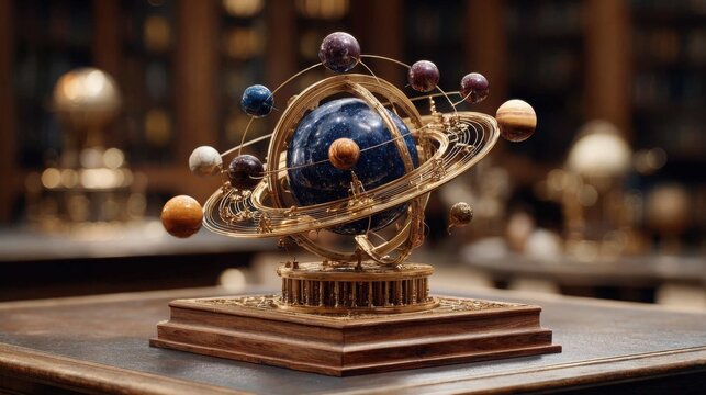 Intricate gold orrery model showcasing celestial solar system orbits and planetary spheres