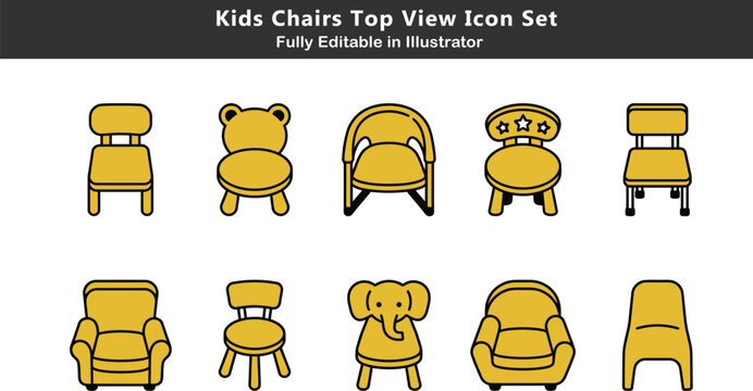 Kids chair vector icons set, child seating designs, cartoon chairs, nursery furniture, toddler stools, classroom seating, playful modern kids furniture
