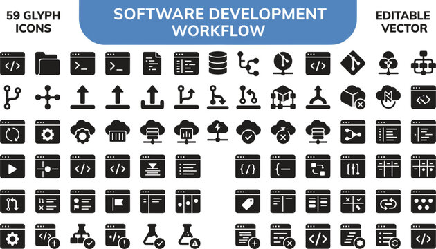 Software Development Workflow Glyph Icon Set Minimal Solid UI Collection Coding Programming DevOps Database Cloud Vector Pack