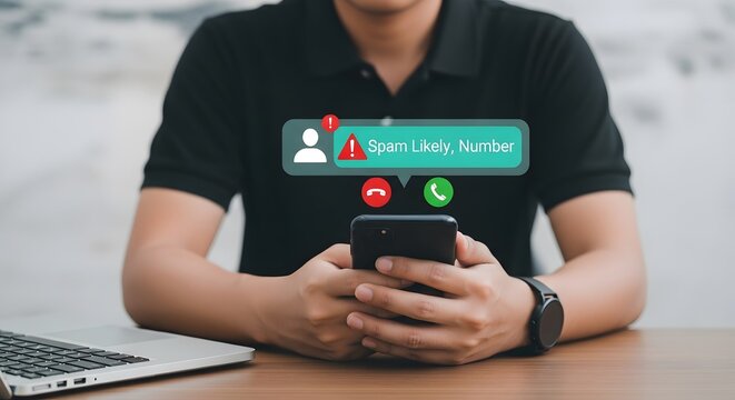 man receiving spam likely number text message on smartphone