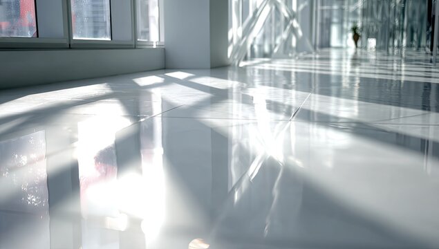 Sunlight Reflecting on a Polished Marble Floor in a Modern Building.