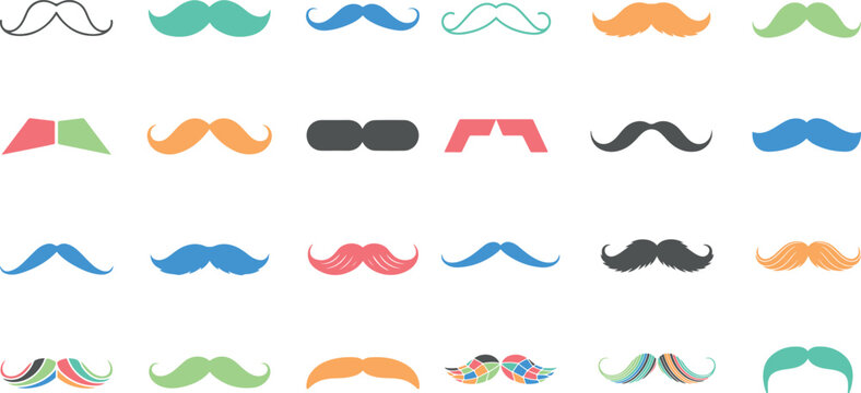 Collection of various colorful mustache designs and styles on white background