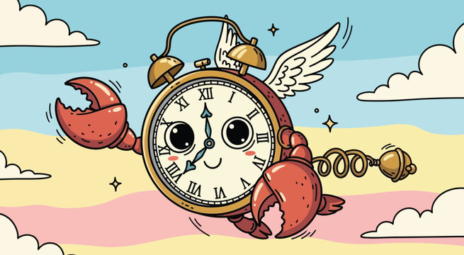 Cartoon crab with alarm clock face.
