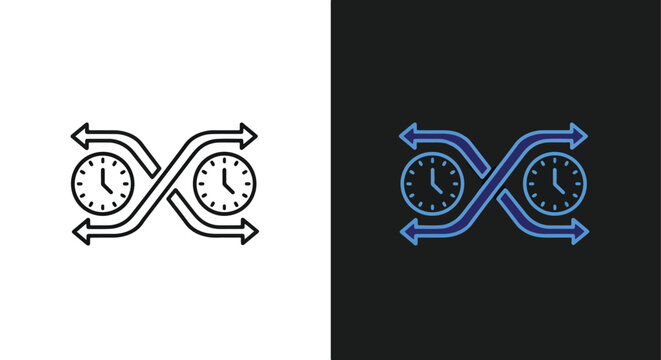 Vector illustration of two clocks with arrows - Line and glyph solid icon and logo template - Clipart, sticker - icon set
