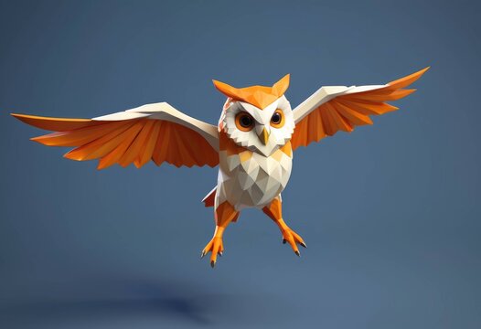 3D low poly illustration of an owl flying with wings spread