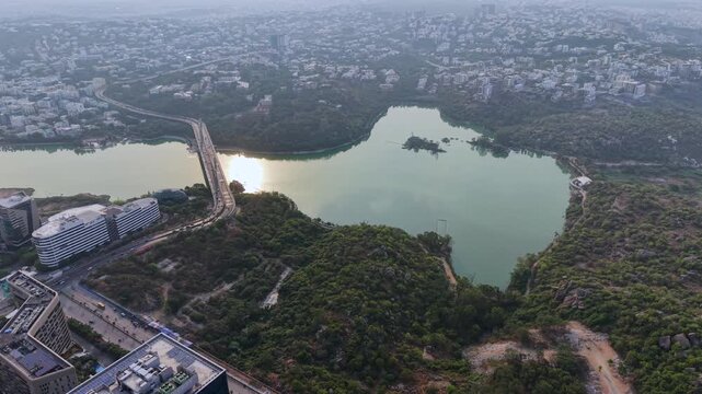 Aerial shot of Durgam Cheruvu Bridge in Hyderabad, India