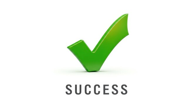 A vibrant green 3D checkmark symbol with the word SUCCESS written below it on a clean white background.