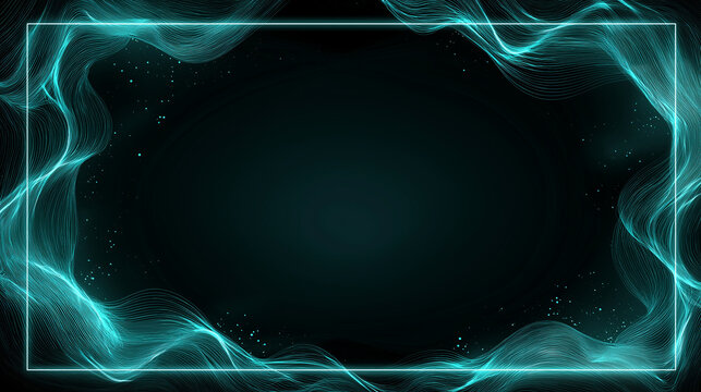 A luminous cyan neon frame surrounds a dark, textured area filled with ethereal, flowing light particles, creating a futuristic abstract border.