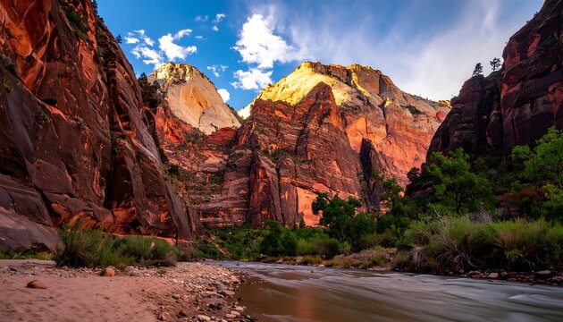 Zion National Park Canyon Landscape Photography With Red Sandstone Cliffs And Flowing Virgin River Under Golden Sunset Light In Utah Wilderness