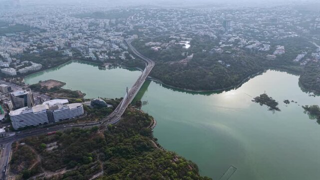 Aerial shot of Durgam Cheruvu Bridge in Hyderabad, India