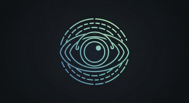 Abstract stylized eye icon with concentric lines and dashed circles in blue-green gradient on a dark background, representing vision or insight.
