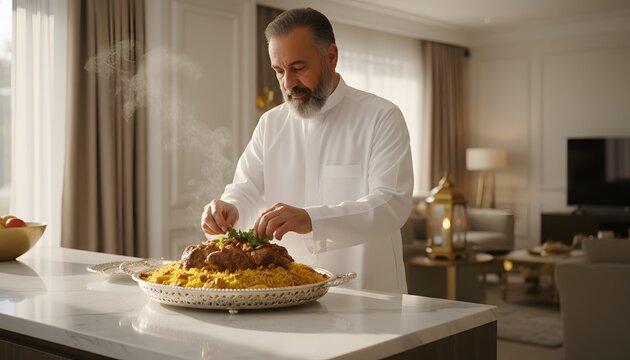 Arab man preparing traditional food for Eid celebrations at home for a family gathering and hospitality concept, steaming rice and meat dish with garnishing