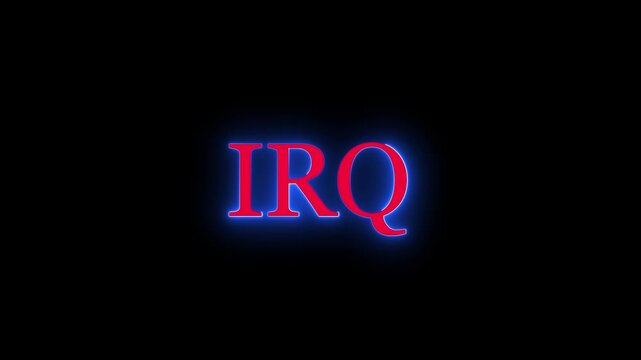 Red IRQ text glowing with blue neon outline on black background, representing Iraq