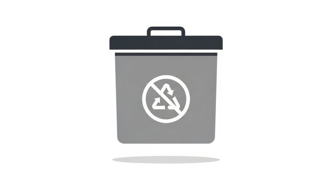 A grey trash can with a dark lid featuring a white 'no recycling' symbol on a plain white background, indicating non-recyclable waste.