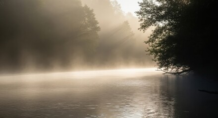 Fototapeta premium Misty Morning Sunlight Illuminating a Tranquil River Flowing Through a Forested Landscape