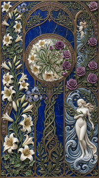 illustrazione effetto bassorilievo a tema fiori e natura femminile