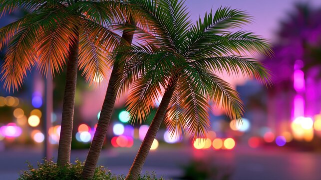 Vibrant tropical palm trees silhouetted against a neon-lit city skyline at dusk with bokeh lights.