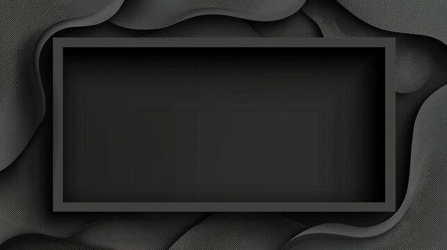 A dark, rectangular frame with a deep inset sits within a background of flowing black, textured waves, creating a sophisticated display.