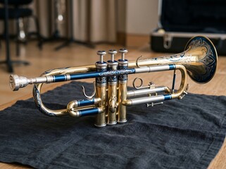 Obraz premium Custom engraved blue and gold trumpet